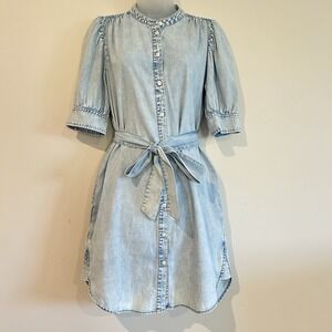 Gap Puff Sleeve Denim Belted Shirt Dress Sz S Light Blue Boho Button Front